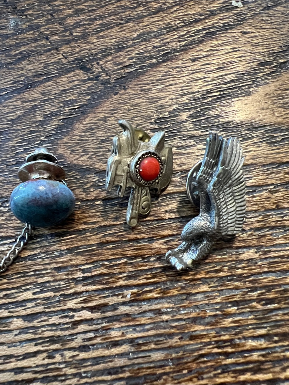 3 Vintage Western Saddle Eagle & clay tie tacks lapel pins